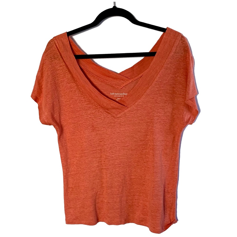 Soft Surroundings Orange Linen V-Neck Short Sleeve Top Size XS Casual Summet